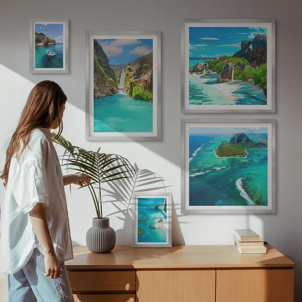 BILDER SET 5er Set - 50x50 cm & 20x30 cm & 40x60 cm Silberner Rahmen - Seeboote Hirsche Berge - Silberfarben, Kunststoff (40/60cm) - TULUP