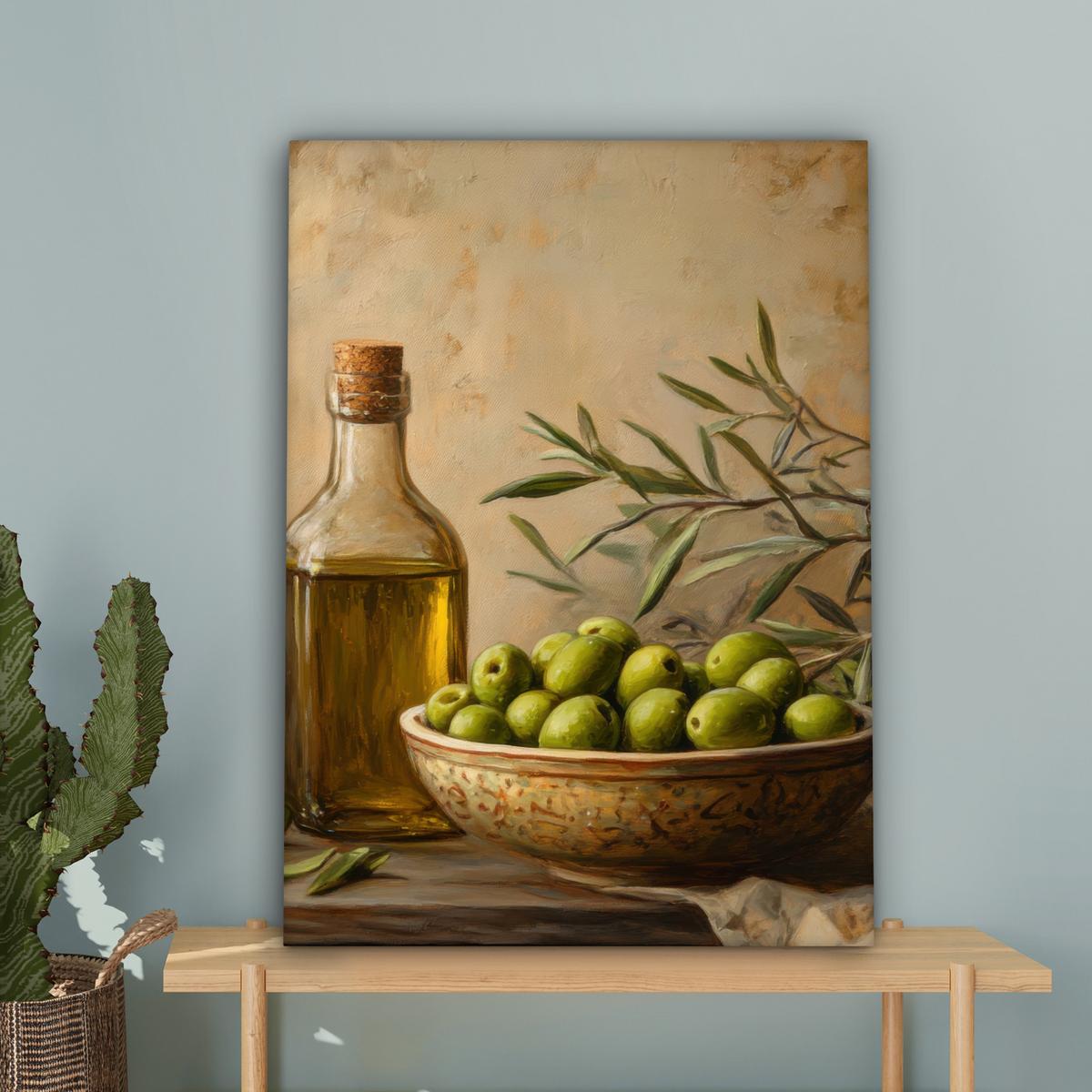 LEINWANDBILD Oliven - Stilleben - Vintage Wandbild Wohnzimmer 60x80 cm - Olivgrün, Textil (60/80cm) - MuchoWow