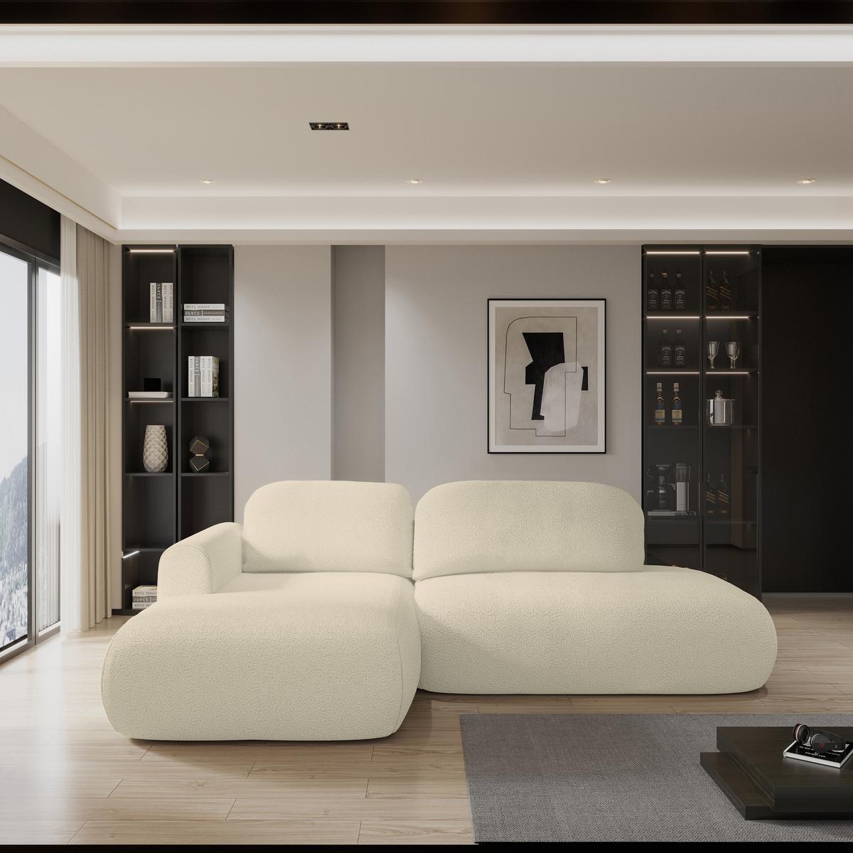 ECKSOFA NUVIRA L-S Creme Boucle-Stoff mit Schlaffunktion - Creme, Holz (279/158cm) - MASSENO