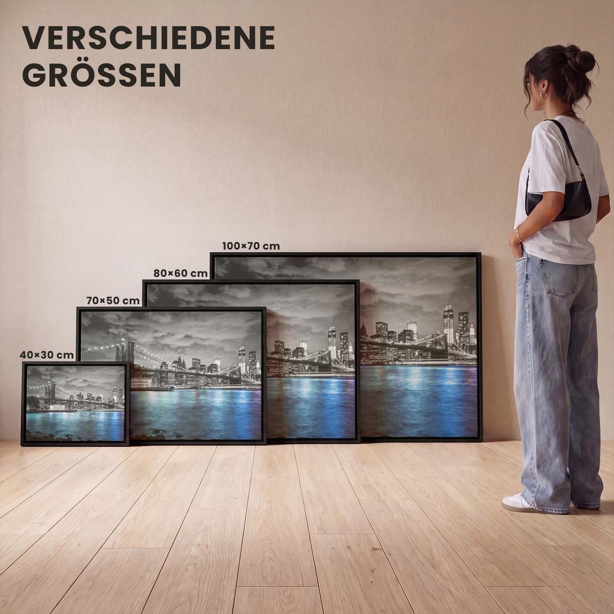 LEINWAND Bilder mit Rahmen - New York - Skyline - Stadt - Blau - 80x60 - Blaugrau, Textil (80/60cm) - MuchoWow
