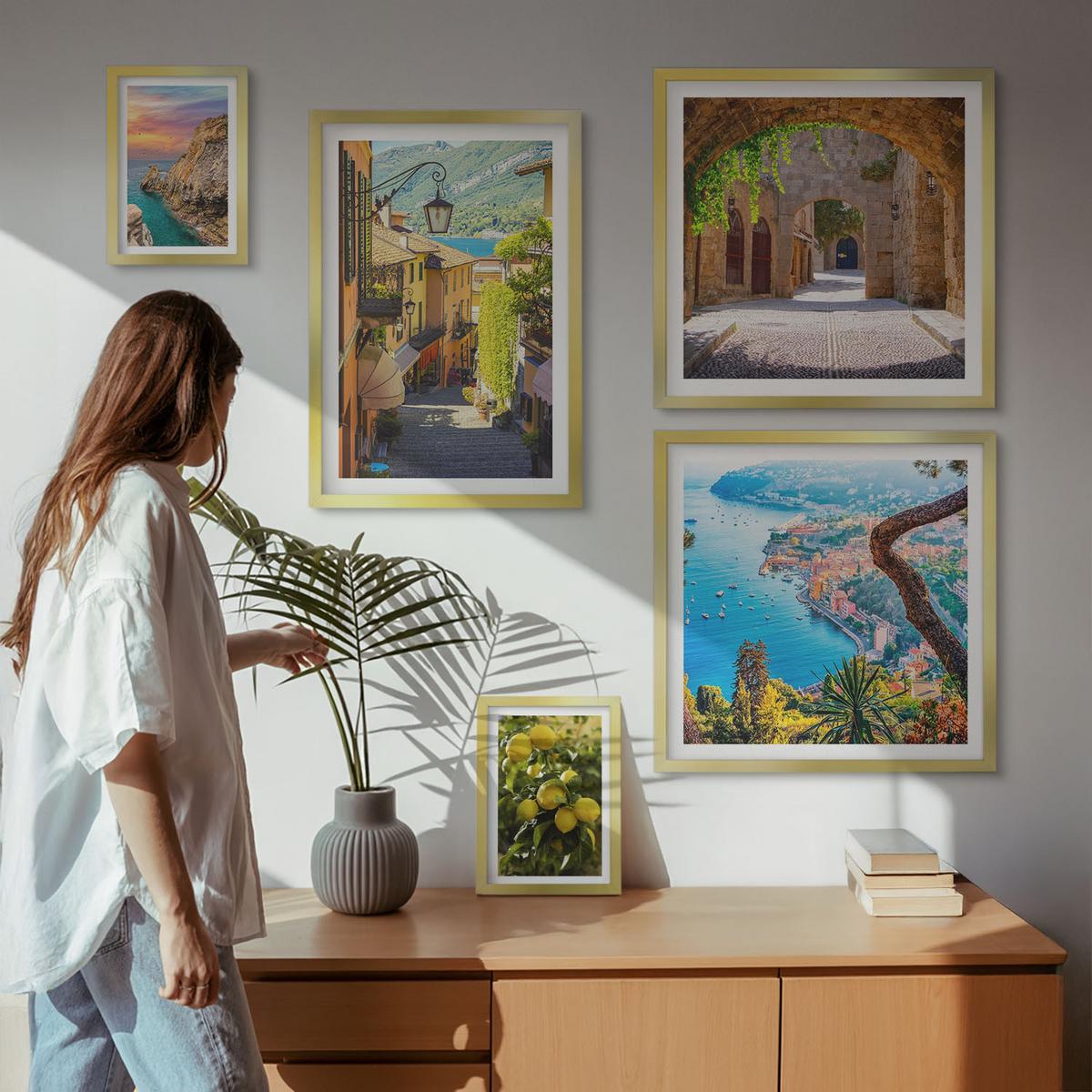 BILDER SET 5er Set - 50x50 cm & 20x30 cm & 40x60 cm Goldrahmen - Bezaubernde Straßen voller Zitronenblüten - Goldfarben, Kunststoff (40/60cm) - TULUP