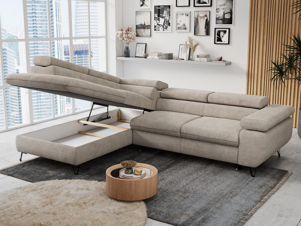 ECKSOFA PETER L Beige Struktur - Links Seite - Beige/Schwarz, Textil/Metall (208/273cm) - MKS