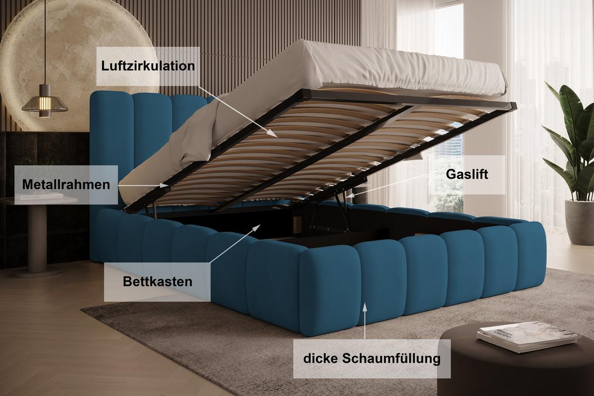 POLSTERBETT Vilo 180x200 mit Bettkasten und Stabilem Metallgestell - Blau, Textil (180/200cm) - Storez24