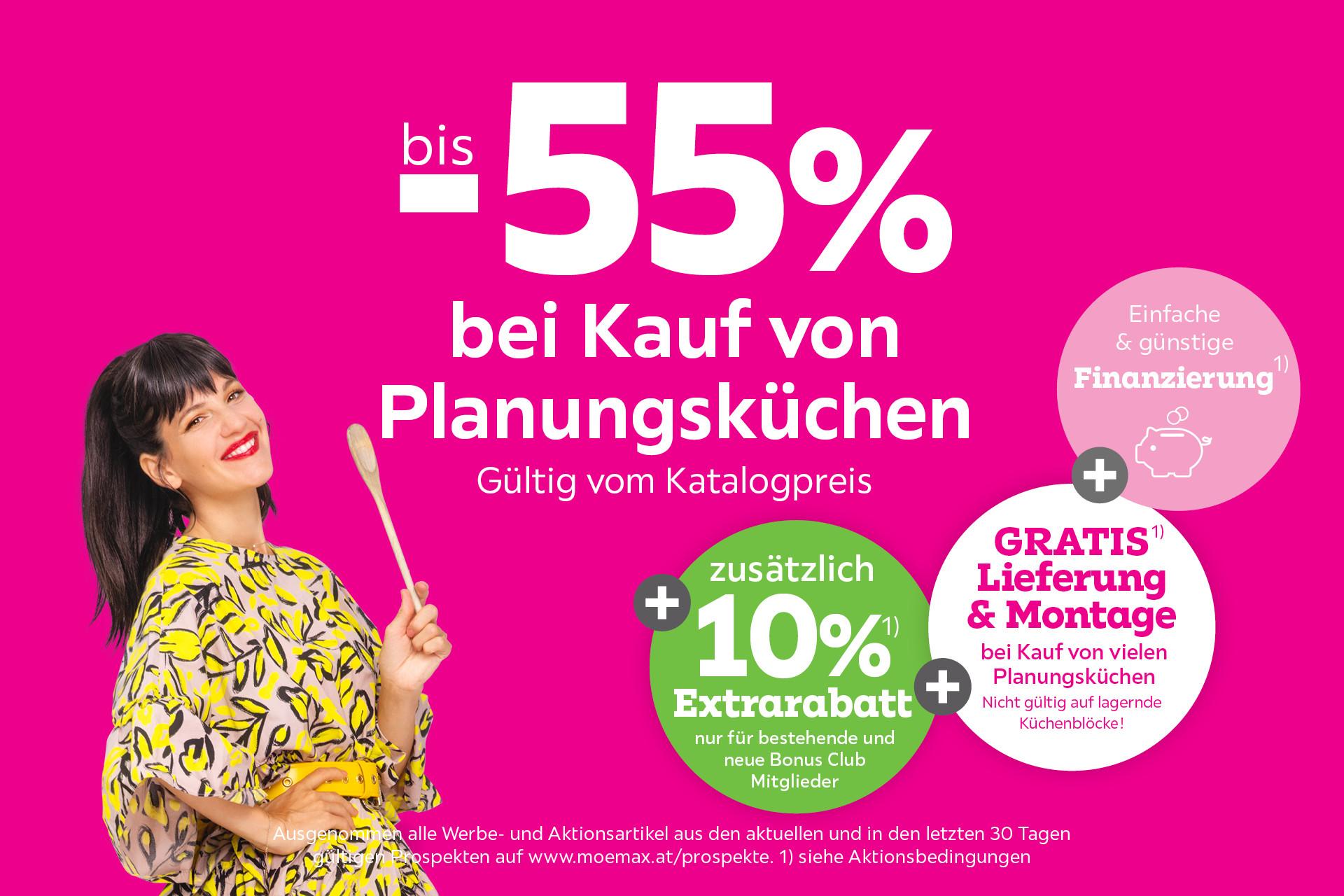 bis -55% bei Kauf von Planungsküchen (Katalogpreis) + 10% Extrarabatt auf Planungsküchen für bestehende und neue Bonus Club Mitglieder + GRATIS Lieferung und Montage Ihrer Planungsküche