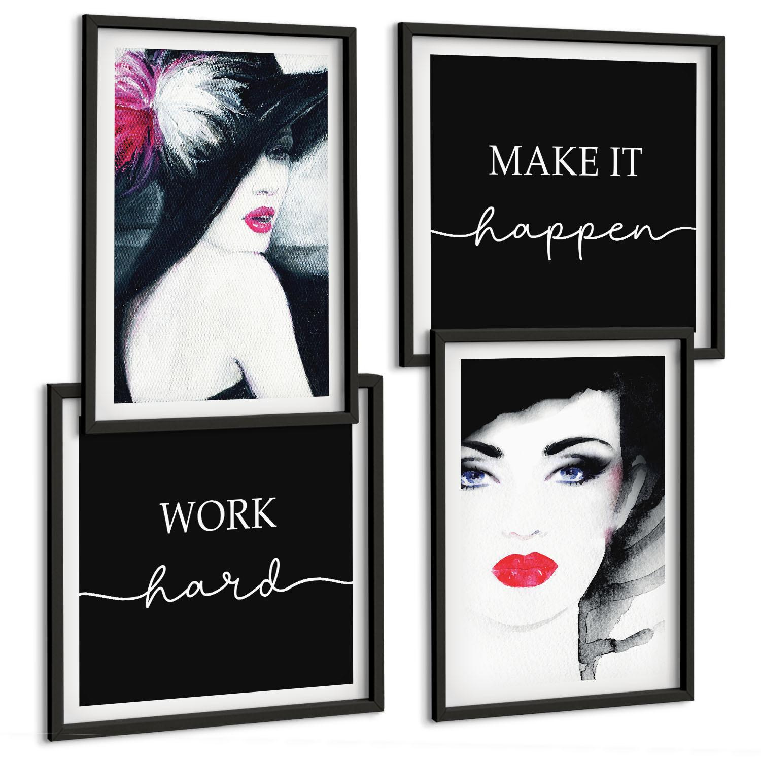 BILDER SET 4er Set - 50x50 cm & 40x60 cm Schwarzer Rahmen - Porträts von Frauen mit Lippen - Schwarz, Kunststoff (50/50cm) - TULUP