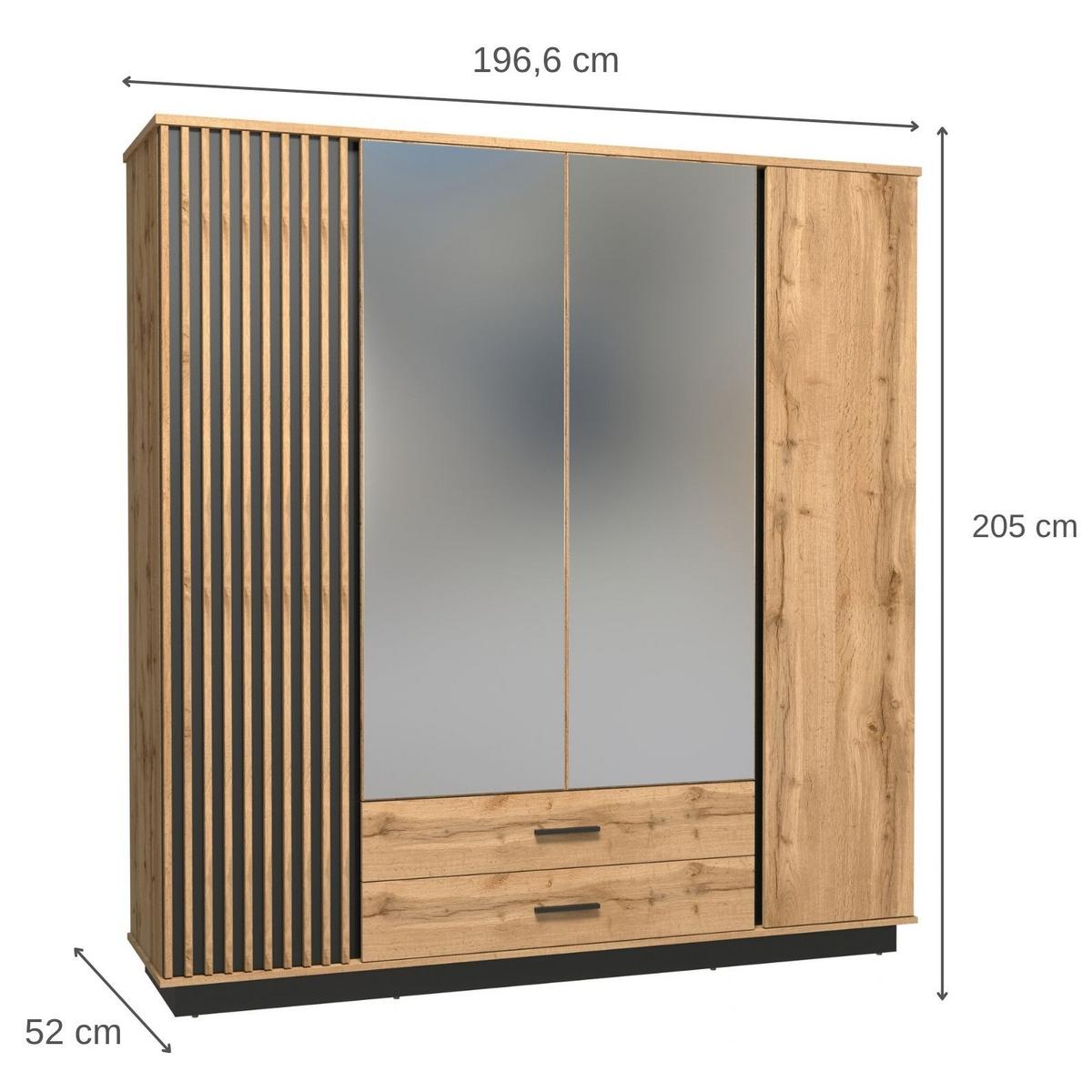 DREHTÜRENSCHRANK Lamelo mit 4 Türen und 2 Schubladen, mit Spiegel, 196 cm, Eiche Wotan - Eiche Wotan, Holzwerkstoff (196/205/52cm) - Beautysofa