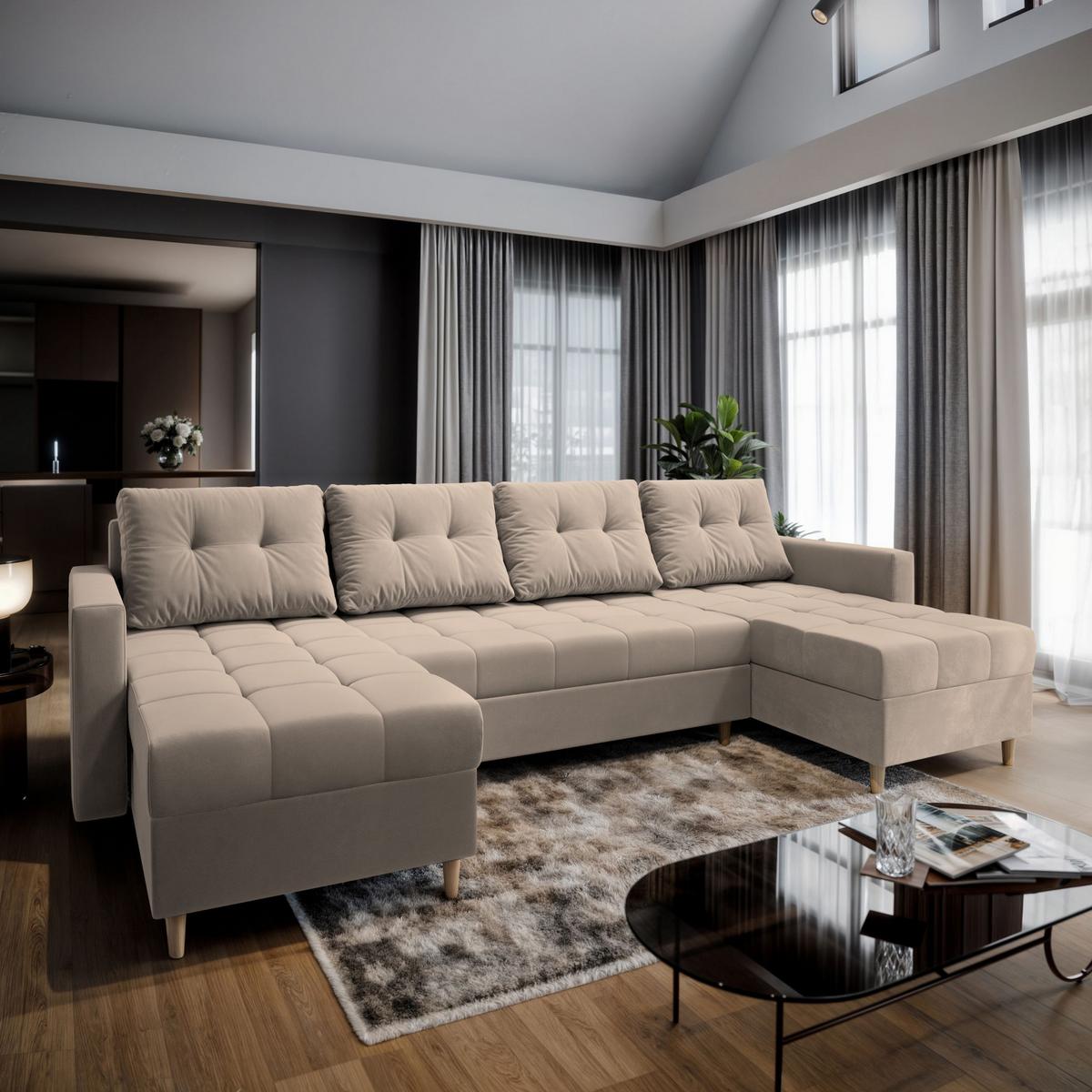 WOHNLANDSCHAFT MILO U Beige Plüsch-Stoff mit Schlaffunktion - Beige/Braun, Holz/Textil (285/91/140cm) - MASSENO