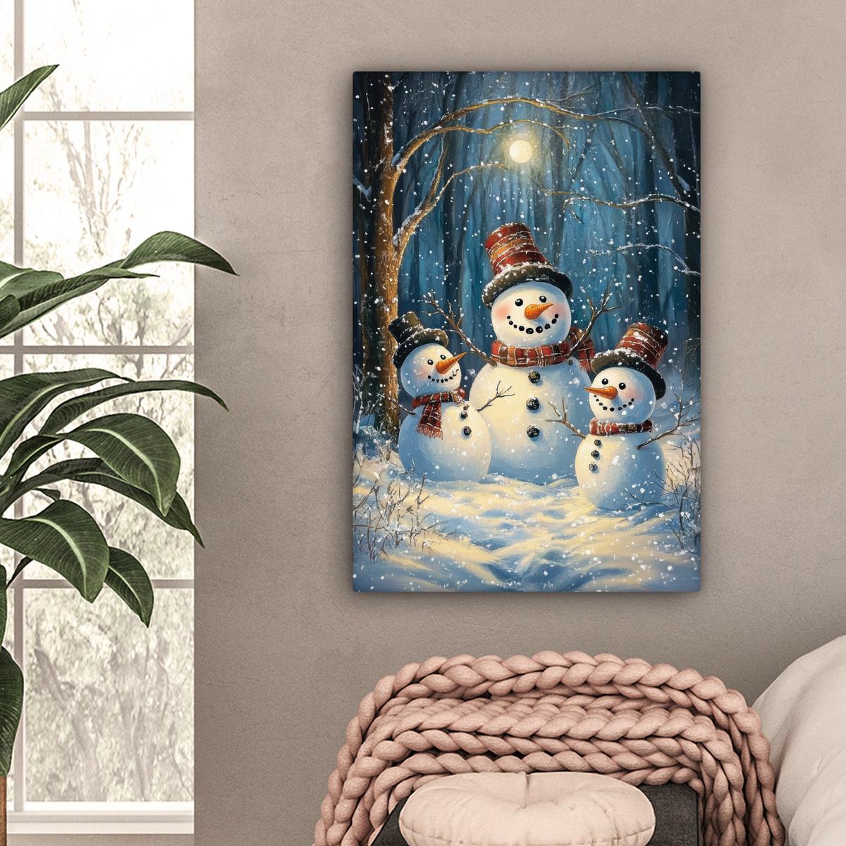 LEINWANDBILD Schneemann - Schnee - Winter - Wald Wanddeko Schlafzimmer 60x90 cm - Hellblau, Textil (60/90cm) - MuchoWow