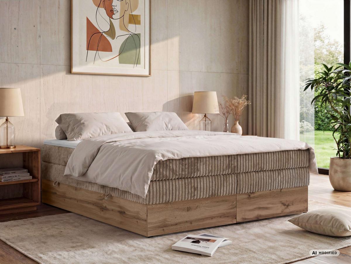 BOXSPRINGBETT WOOD ZERO KING 180/200 - Braun Cord - Topper T25 - H3 - Schwarz/Braun, Kunststoff/Textil (180/200cm) - MKS