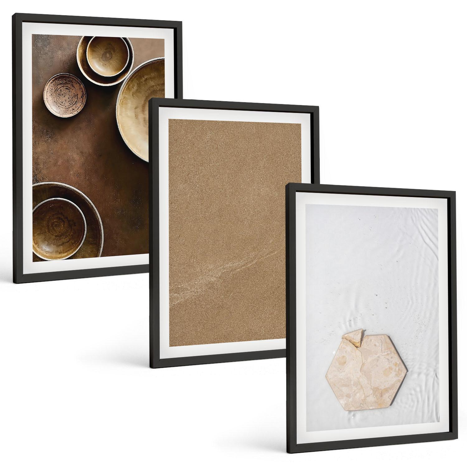 BILDER SET 3er Set - 40x60 cm Schwarzer Rahmen - Minimalistische Texturen und Farben - Schwarz, Kunststoff (40/60cm) - TULUP