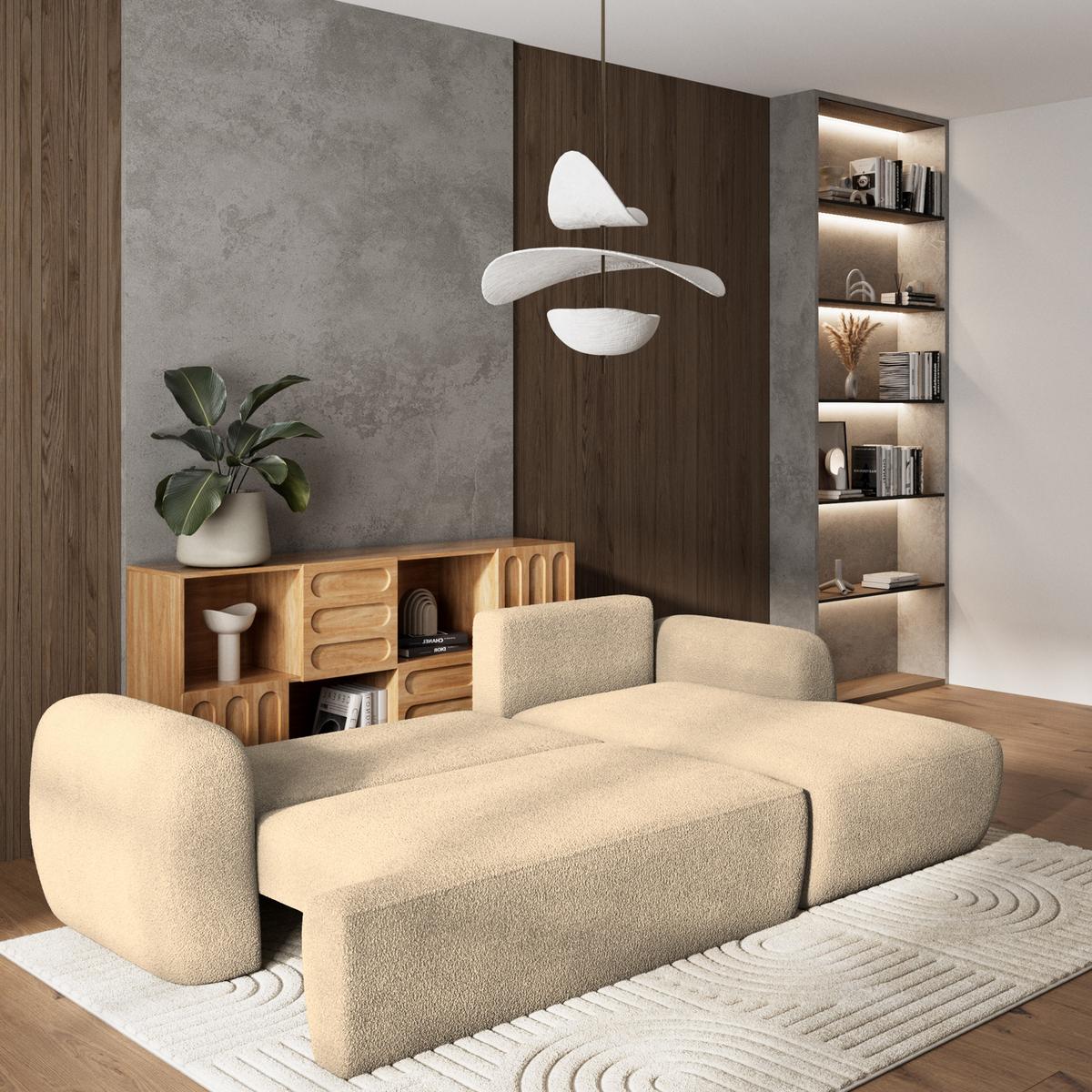 ECKSOFA MODENZA N R-S Creme Boucle-Stoff mit Schlaffunktion - Creme/Schwarz, Holz/Kunststoff (266/148cm) - MASSENO