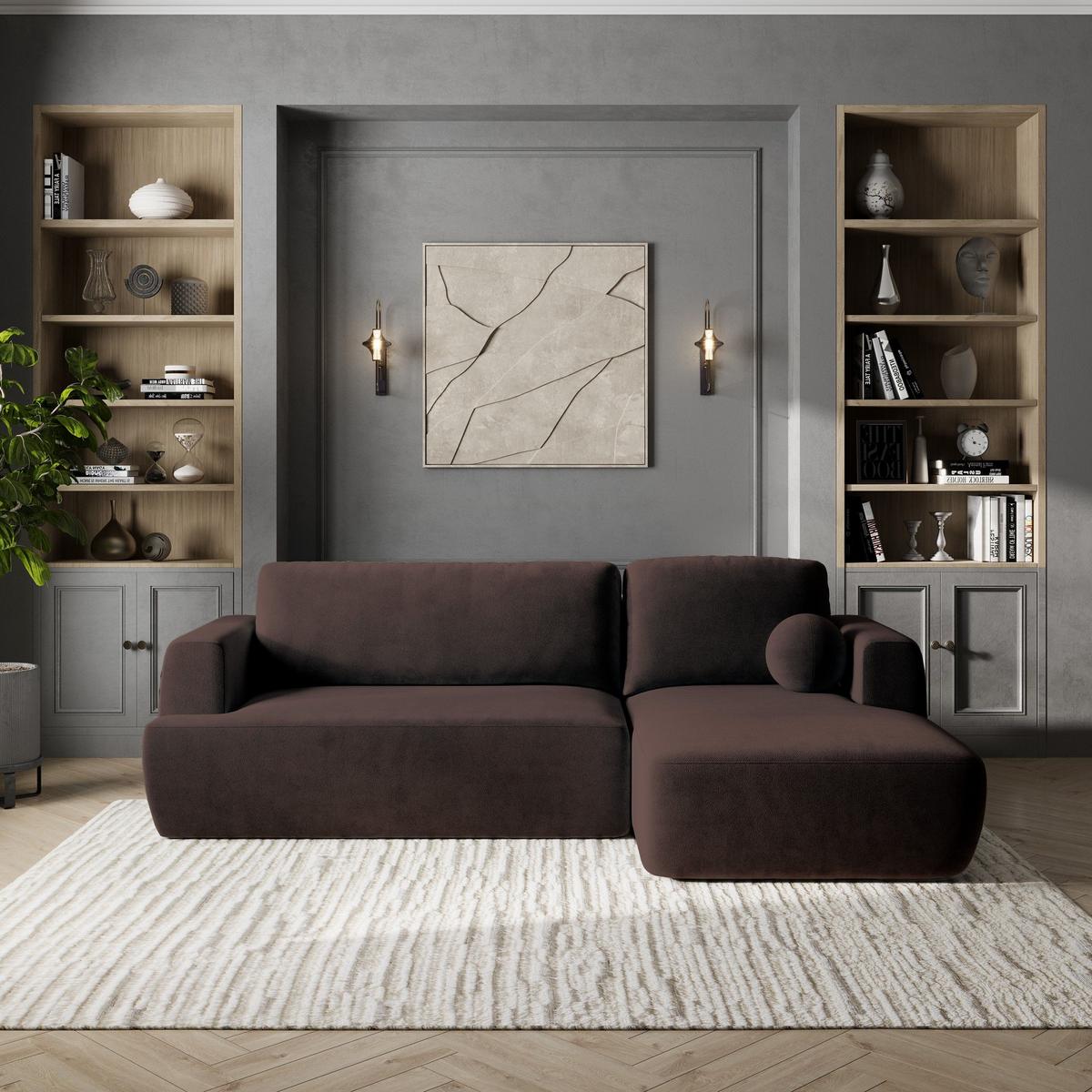 ECKSOFA SENTI K R-S Braun Plüsch-Stoff mit Schlaffunktion - Schwarz/Braun, Holz/Kunststoff (246/148cm) - MASSENO