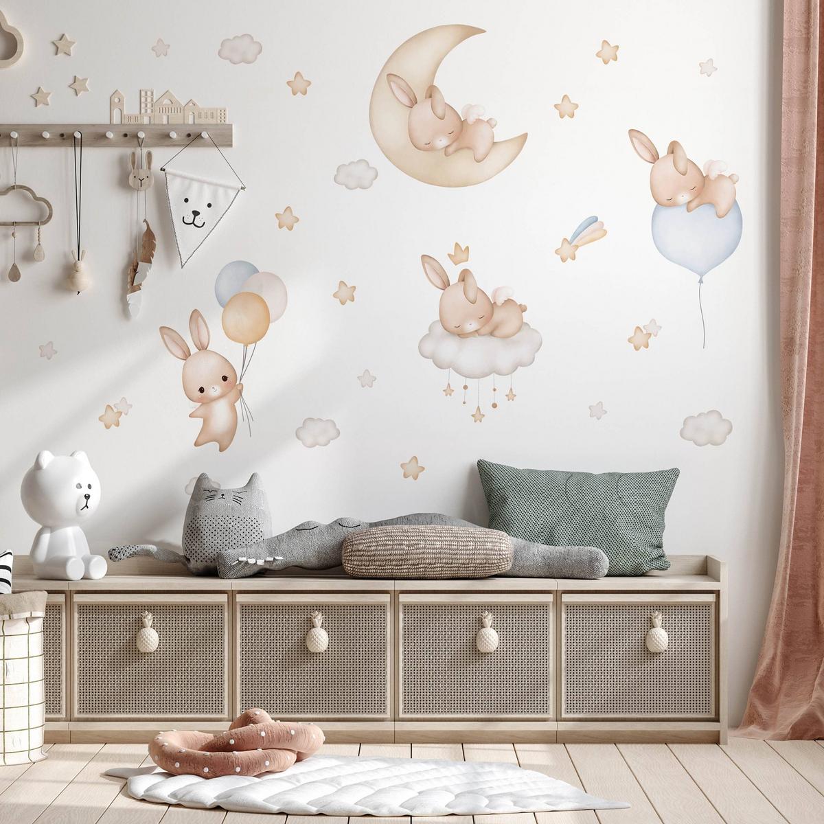 WANDSTICKER Kaninchen Wolken Sterne Ballons 120x60 - Gelb/Beige, Papier (120/60/1cm) - Muralo