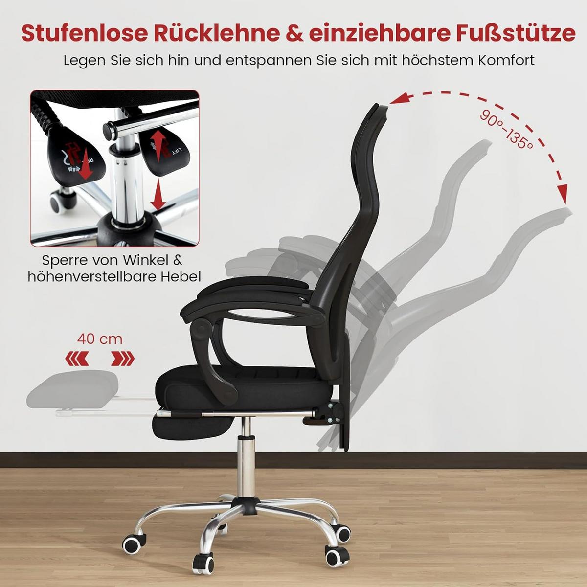 BÜROSTUHL Schwarz - Schwarz, Textil (70/116.5/68cm) - COSTWAY