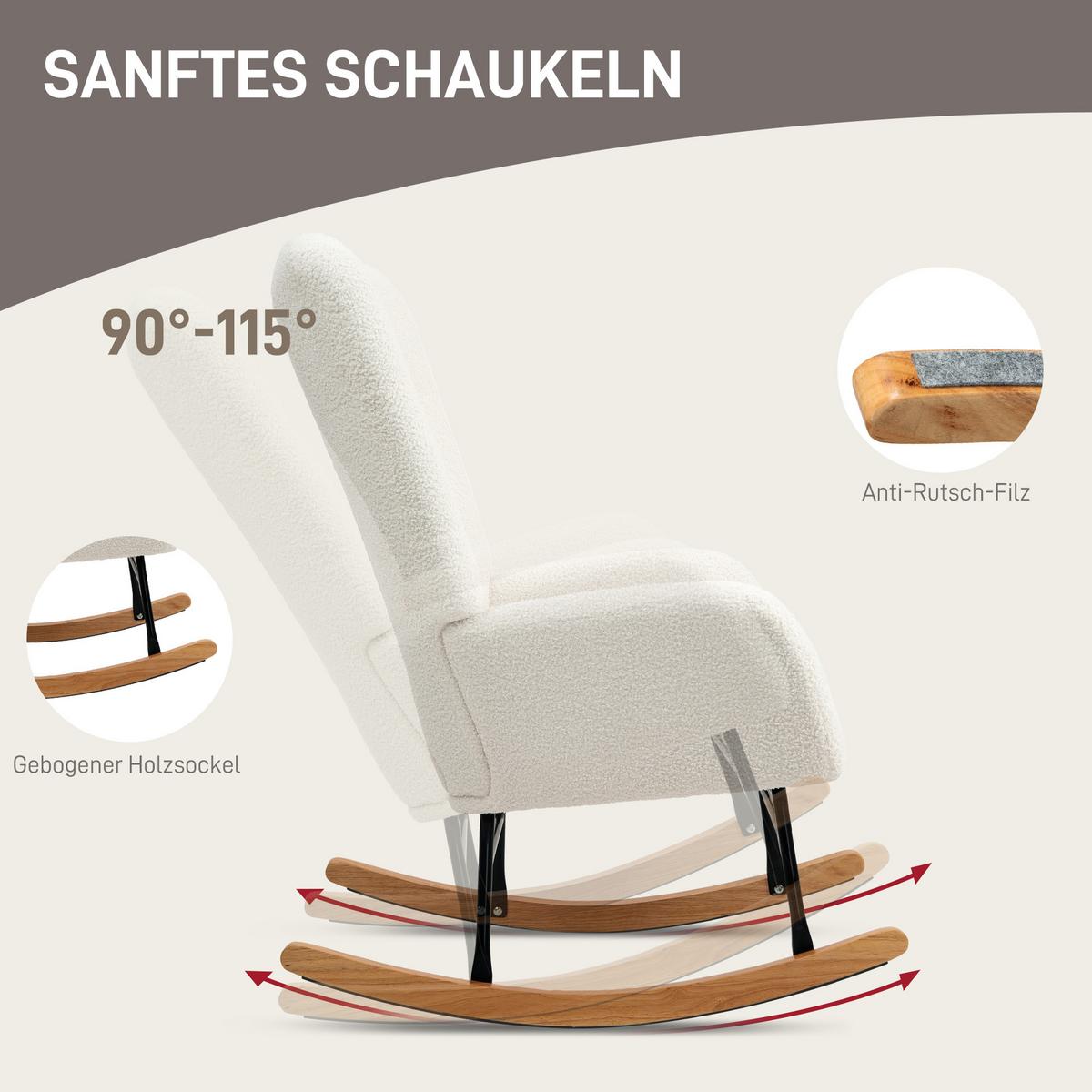 SCHAUKELSTUHL, Schaukelsessel mit Armlehne, Teddysamt-Optik, Cremeweiß - Creme/Naturfarben, Holz/Textil (70/100/94cm) - HOMCOM