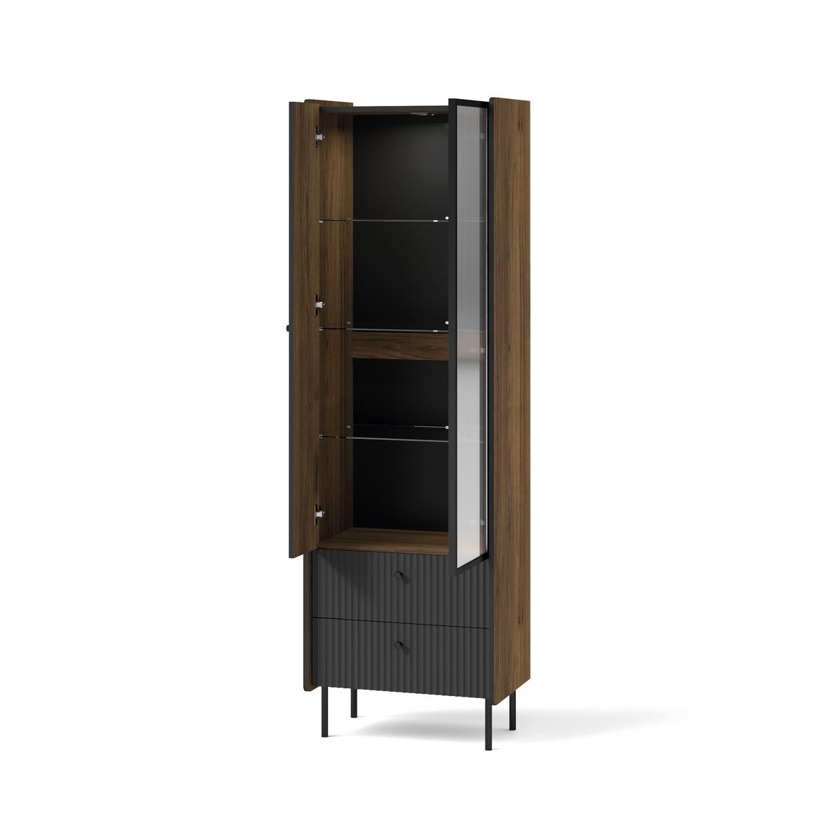 VITRINE Piano mit 2 Türen, 2 Schubladen, mit LED, Mattschwarz + Warmia-Nussbaum - Dunkelbraun/Schwarz, Holzwerkstoff (59/191/40cm) - Beautysofa