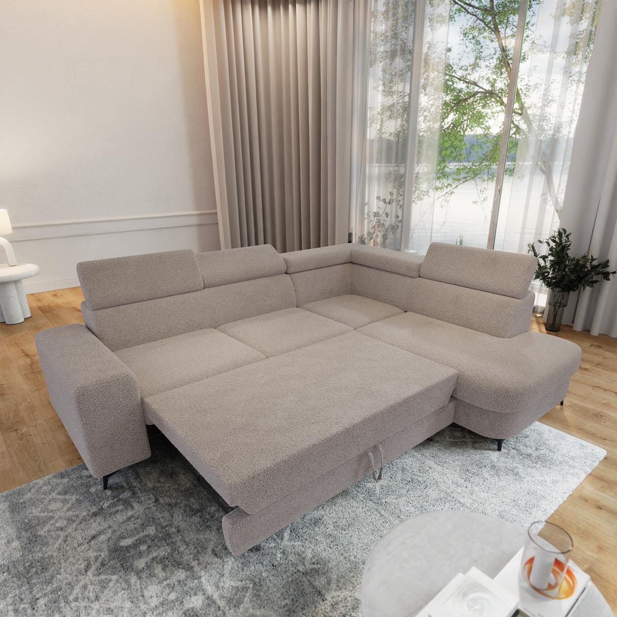 ECKSOFA ALVORO R-S Beige Boucle-Stoff mit Schlaffunktion - Beige, Holz (253/190cm) - MASSENO