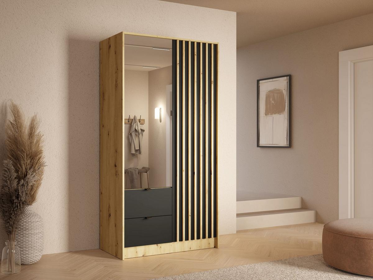 DREHTÜRENSCHRANK SATREN 101,7/200,5/54,5cm 2-türig mit Spiegel Eiche Artisan - Schwarz/Eiche Artisan, Holzwerkstoff (101.7/200.5/54.5cm) - MASSENO