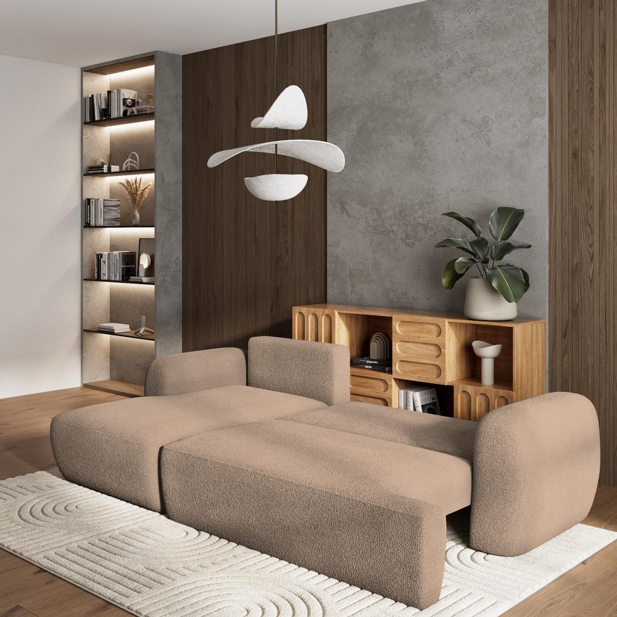 ECKSOFA MODENZA N L-S Beige Boucle-Stoff mit Schlaffunktion - Beige/Schwarz, Holz/Kunststoff (266/148cm) - MASSENO