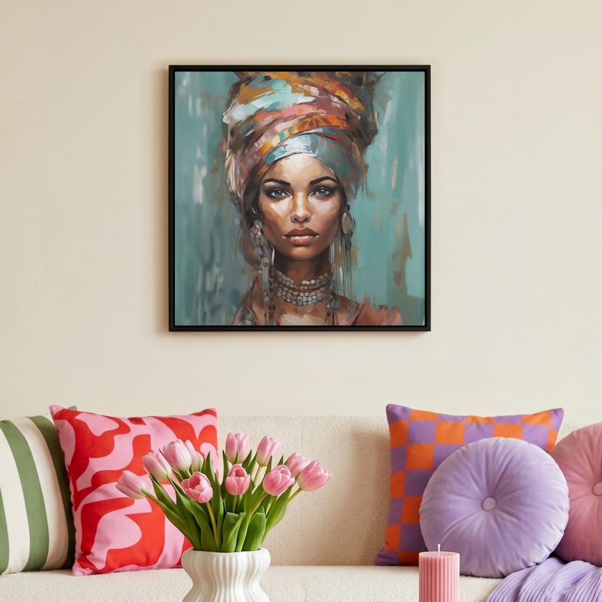 LEINWAND Bilder mit Rahmen - Frau - Kunst - Schmuck - Porträt - 50x50 - Blaugrau, Textil (50/50cm) - MuchoWow