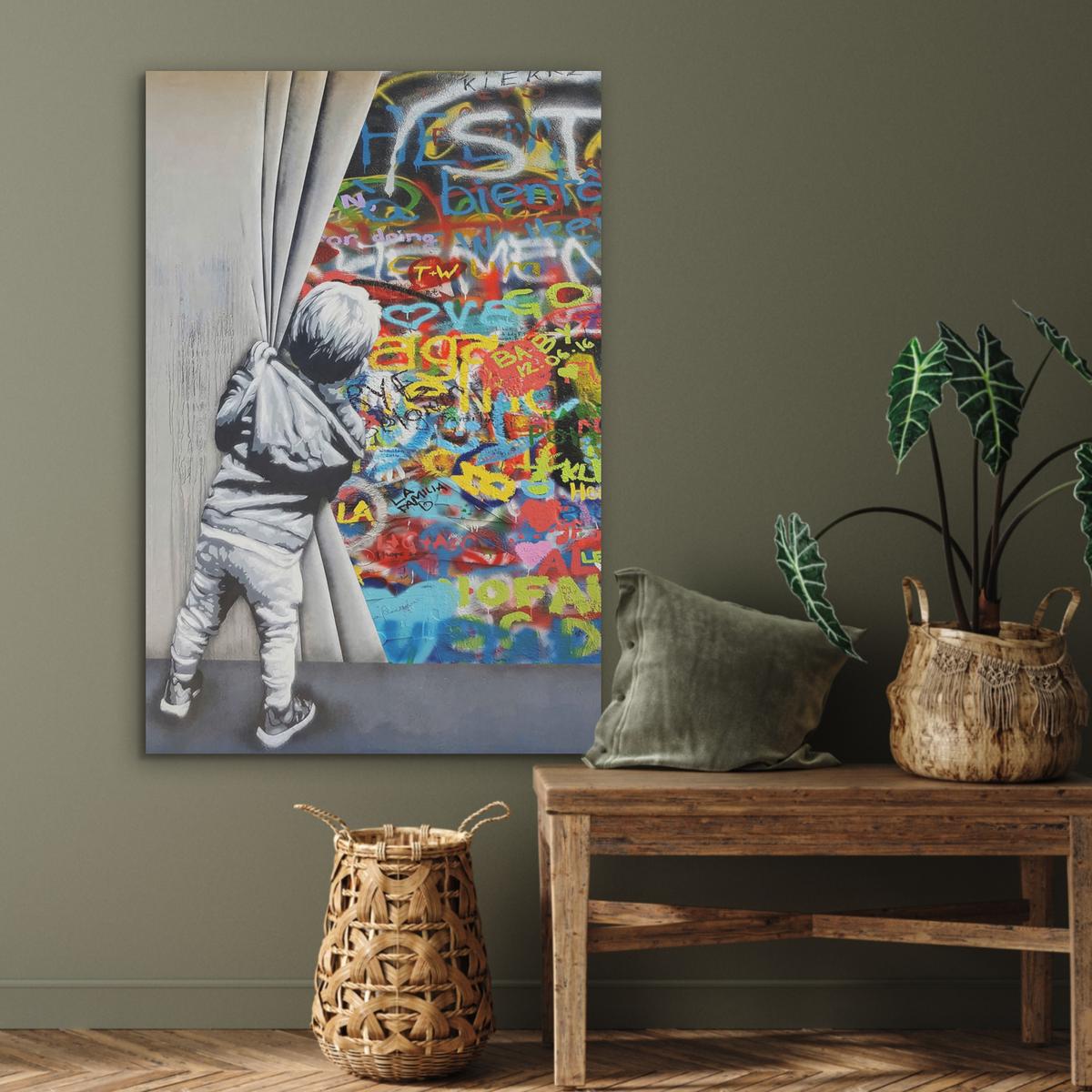 AKUSTIKBILD Graffiti - Junge - Ilussie - Straßenkunst Wanddeko 70x100 cm - Hellgrau, Textil (70/100/0.9cm) - MuchoWow