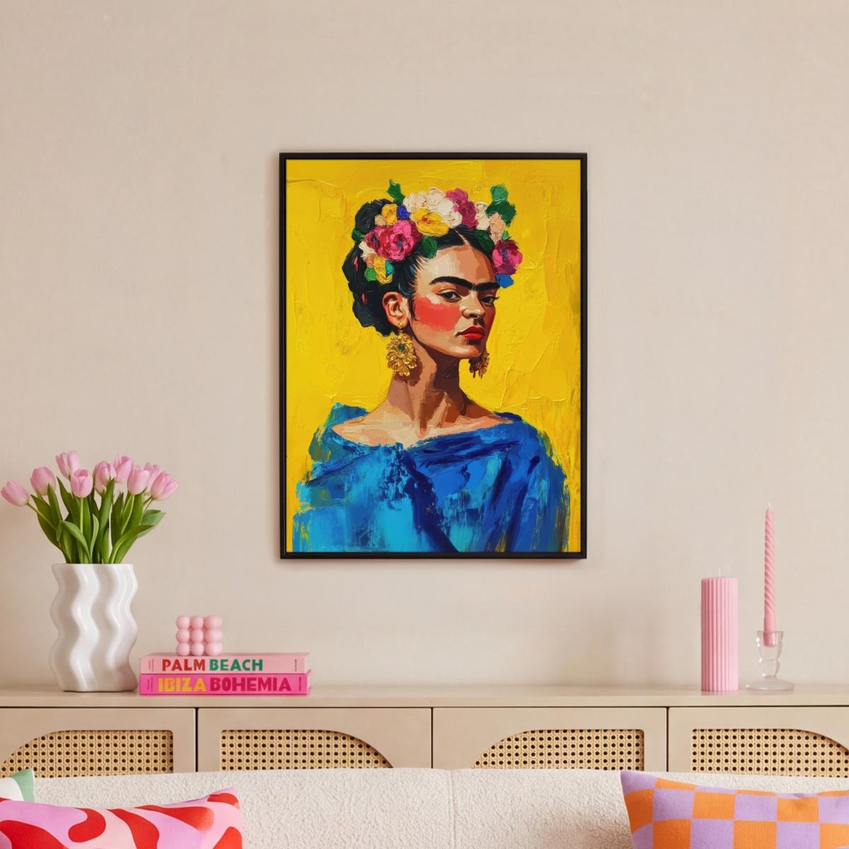 LEINWAND Bilder mit Rahmen - Frida Kahlo - Frau - Gelb - Blau - Blumen - 50x70 - Gelb, Textil (50/70cm) - MuchoWow
