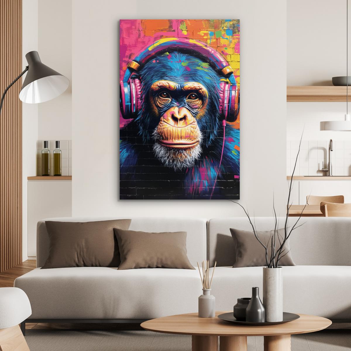 METALLBILD Graffiti - Schimpanse - Straßenkunst - Kopfhörer - Affe 80x120 cm - Blau, Metall (80/120cm) - MuchoWow