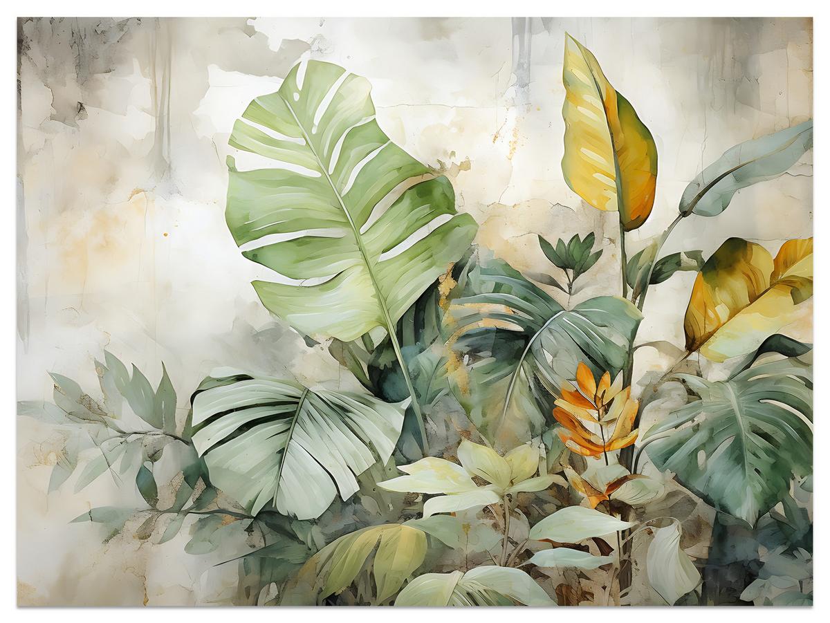 FOTOTAPETE für Wohnzimmer Tropische Blätter Aquarell Abstrakt 450x315 - Gelb/Beige, Papier (450/315cm) - Muralo