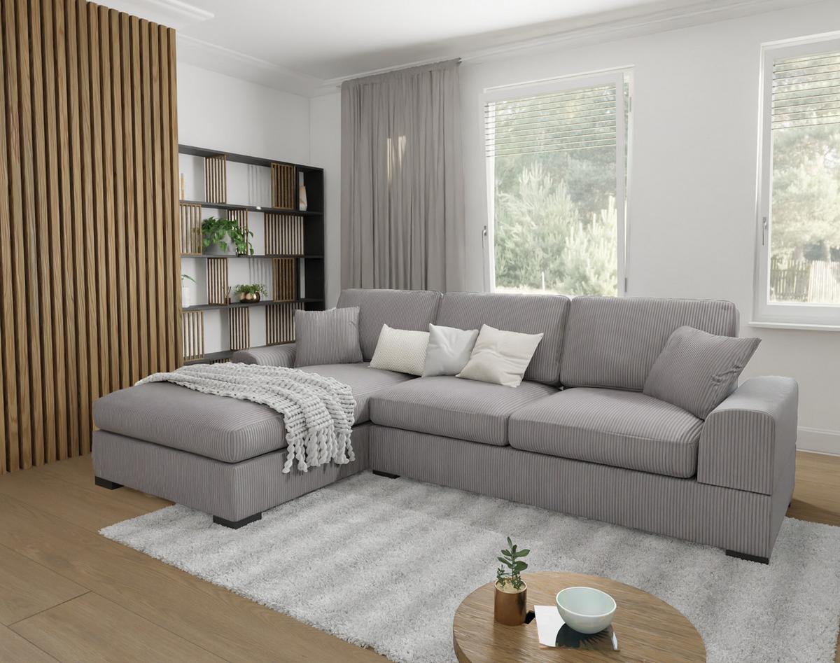 ECKSOFA Saga Hellgrau Cord - Hellgrau/Schwarz, Holz/Buchenholz (306/184cm) - S-Style Möbel