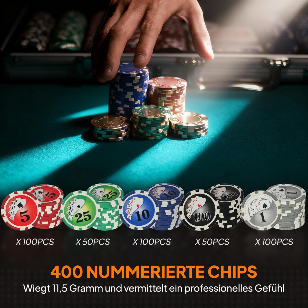 POKERKOFFER mit 400 Chips 11,5 Gramm 2 Kartendecks 5 Würfeln - Grau, Kunststoff (28/39.5cm) - SPORTNOW