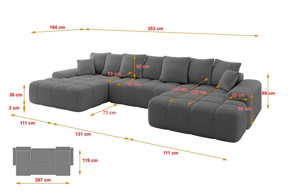 WOHNLANDSCHAFT ENSI-U - 353x164x69 cm Platinfarben - Platinfarben, Holzwerkstoff/Kunststoff (357/69/164cm) - ALTDECOR