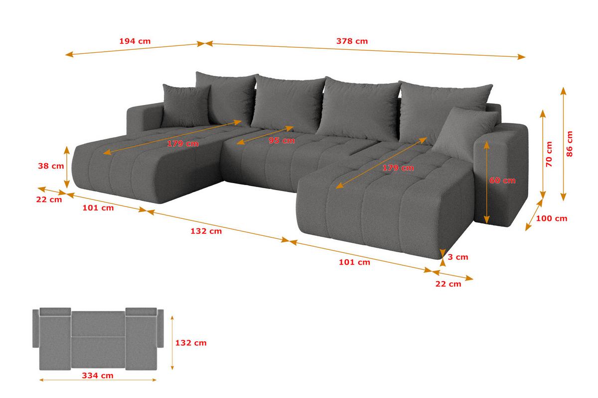 WOHNLANDSCHAFT mit Schlaffunktion und Bettkasten MILA-U 378x194x86 Grau Bouclé - Schieferfarben/Schwarz, Holzwerkstoff/Kunststoff (378/86/194cm) - ALTDECOR