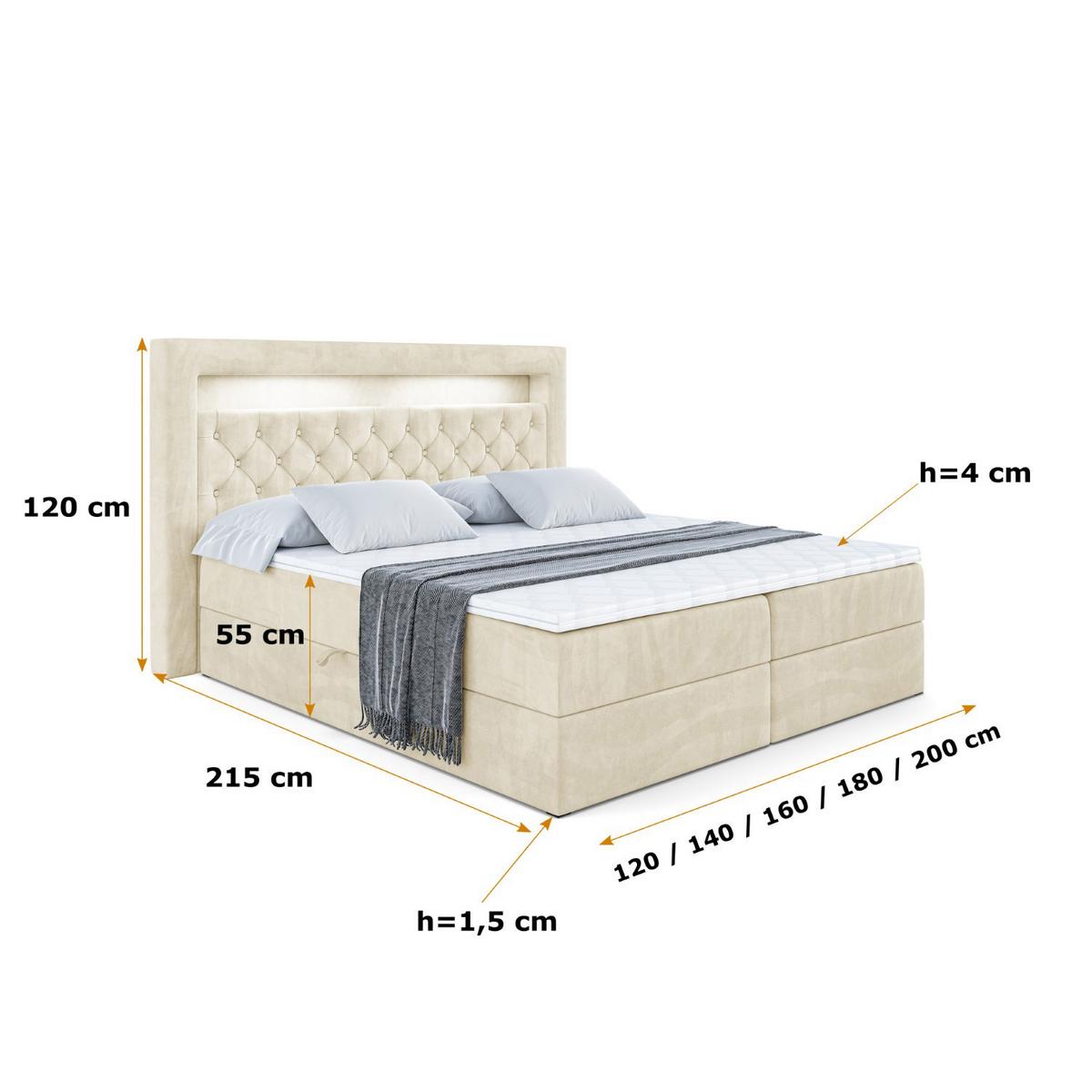 BOXBETT LED mit H4-Matratze und Lattenrost - NOEL GOLD - 160x200 Beige - Beige, Holzwerkstoff (160/200cm) - ALTDECOR