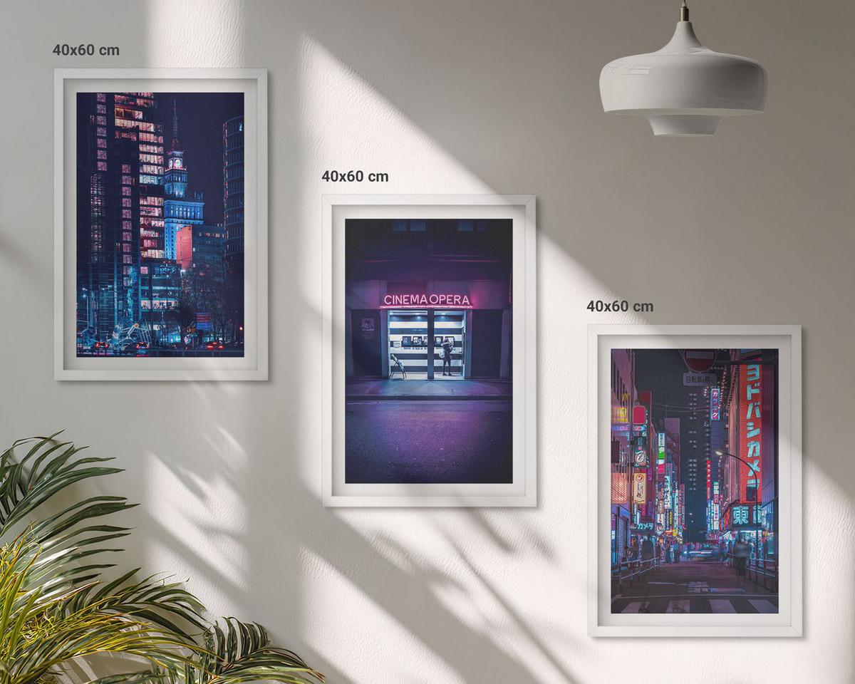 BILDER SET 3er Set - 40x60 cm Weißer Rahmen - Neon-Eingang zur nächtlichen Stadt - Weiß, Kunststoff (40/60cm) - TULUP