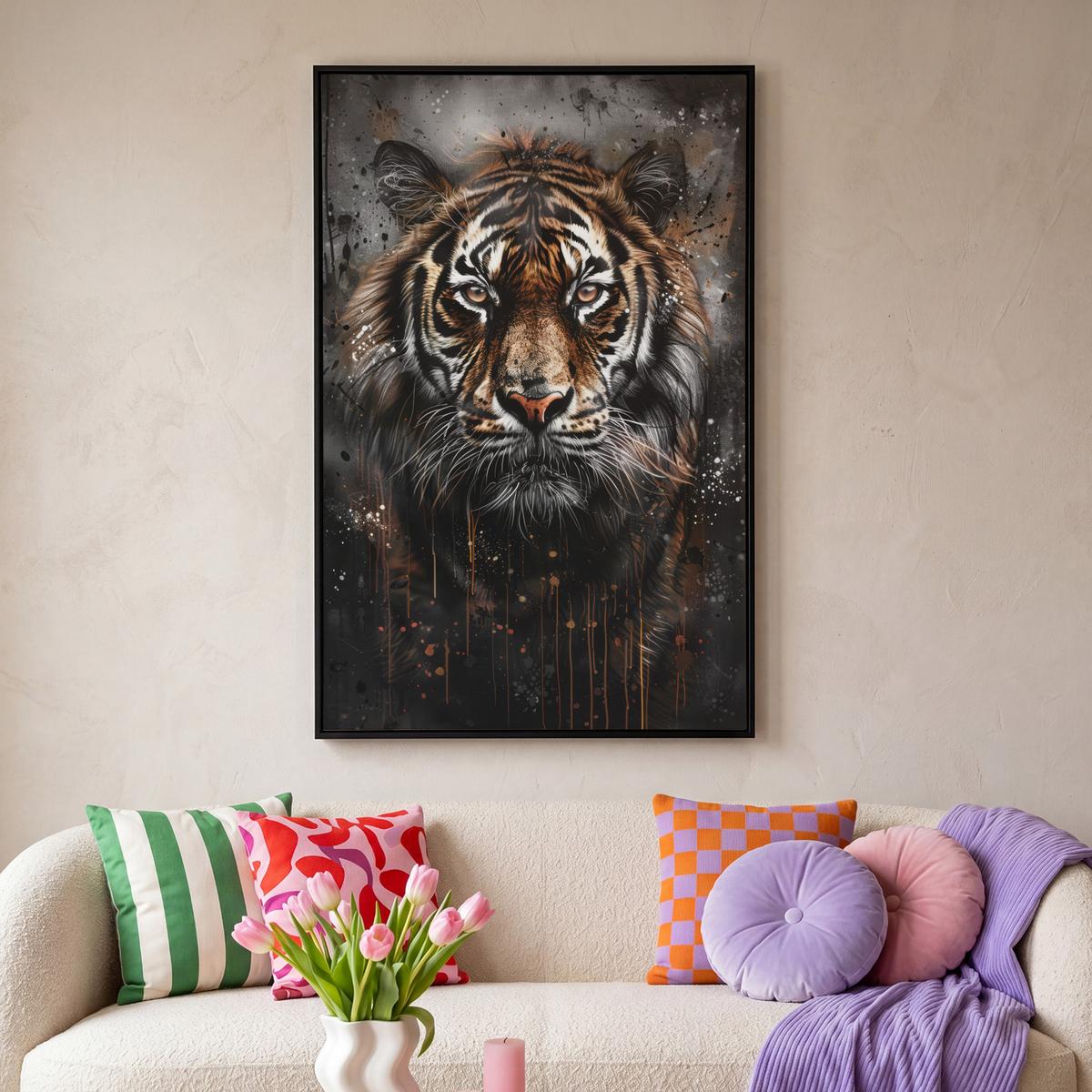 LEINWAND Bilder mit Rahmen - Tiger - Tiere - Porträt - Luxus - Schwarz - 100x150 - Braun, Textil (100/150cm) - MuchoWow
