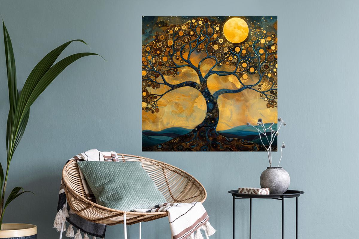 WANDTATTOO Baum - Mond - Blumen - Gold - Kunst Wanddeko 50x50 cm - Orange, Kunststoff (50/50/0.1cm) - MuchoWow