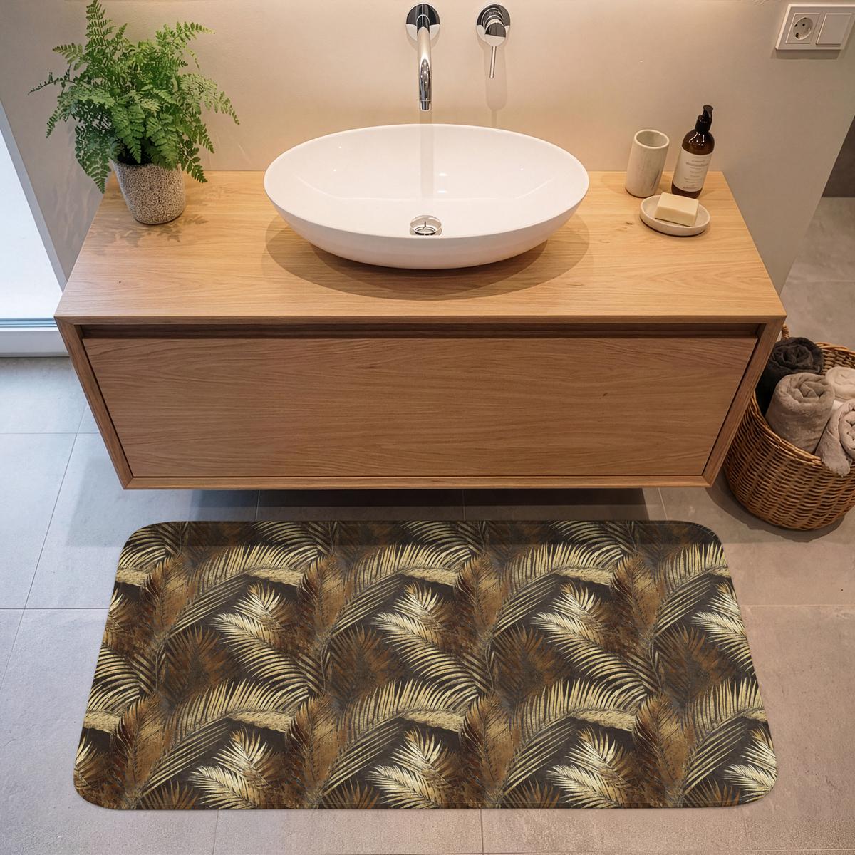 BADEMATTE Tropisch - Blätter - Gold 120x60 cm - Dunkelbraun/Goldfarben, Textil (120/60cm) - OnlyWow