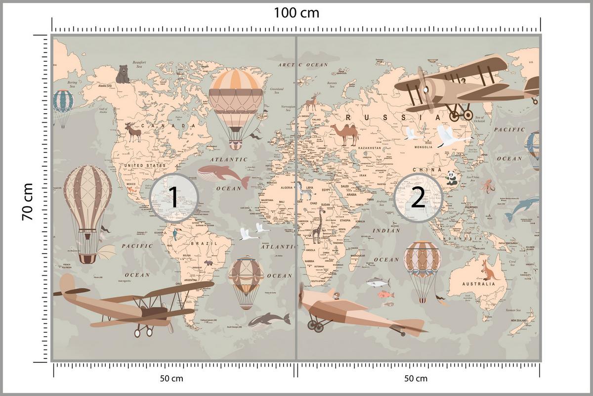 FOTOTAPETE für Kinderzimmer Retro Weltkarte Balony Flugzeuge 100x70 - Beige/Orange, Papier (100/70cm) - Muralo