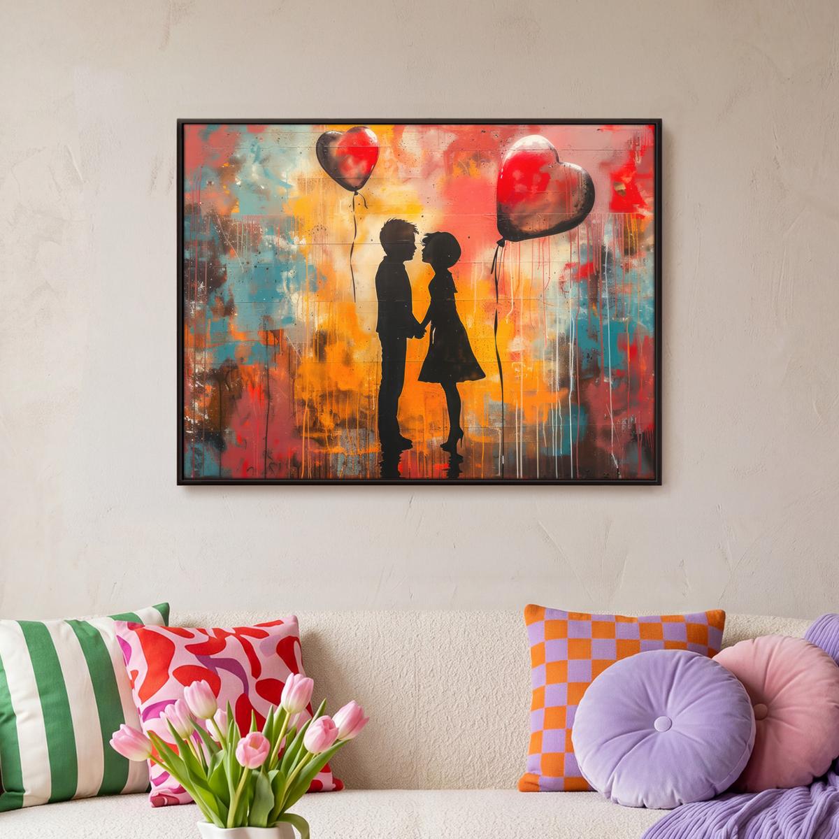 LEINWAND Bilder mit Rahmen - Straßenkunst - Liebe - Graffiti - Kunst - Banksy - 80x60 - Orange, Textil (80/60cm) - MuchoWow