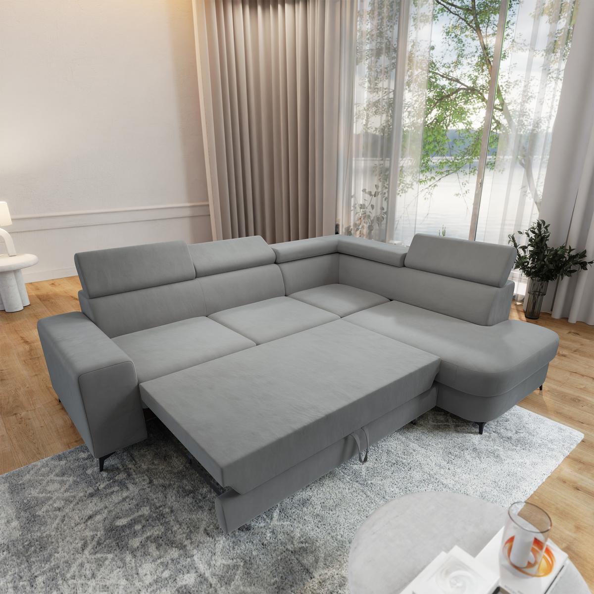 ECKSOFA ALVORO R-S Hellgrau Velours-Stoff mit Schlaffunktion - Hellgrau, Holz (253/190cm) - MASSENO