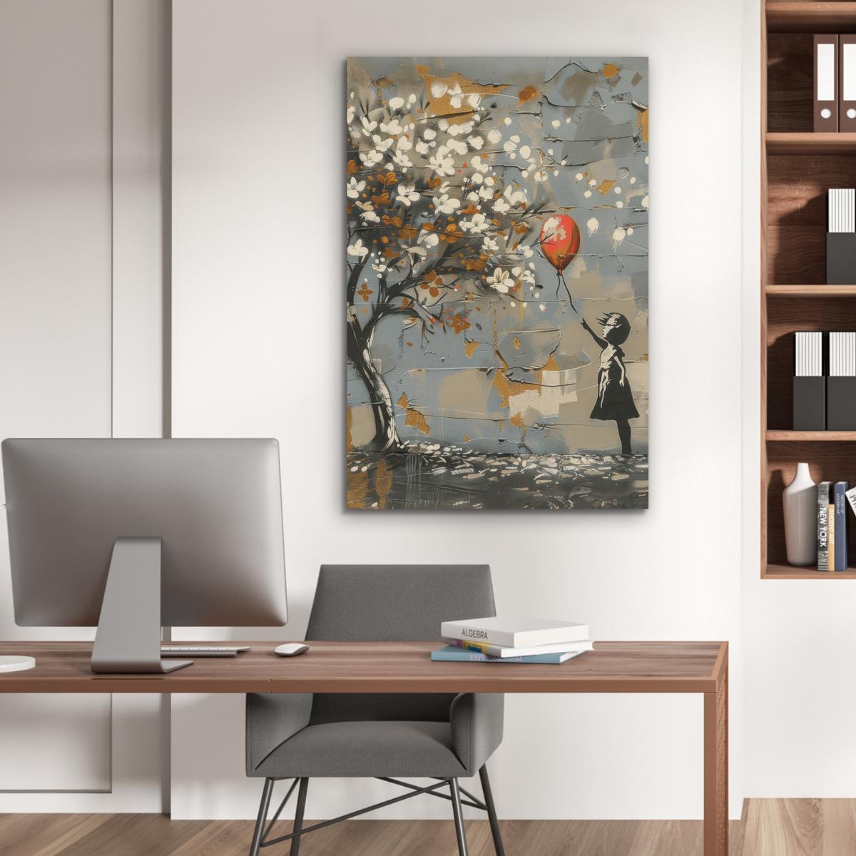 AKUSTIKBILD Baum - Graffiti - Banksy-Stil - Ballon-Mädchen Wanddeko 70x100 cm - Blaugrau, Kunststoff (70/100/0.9cm) - MuchoWow