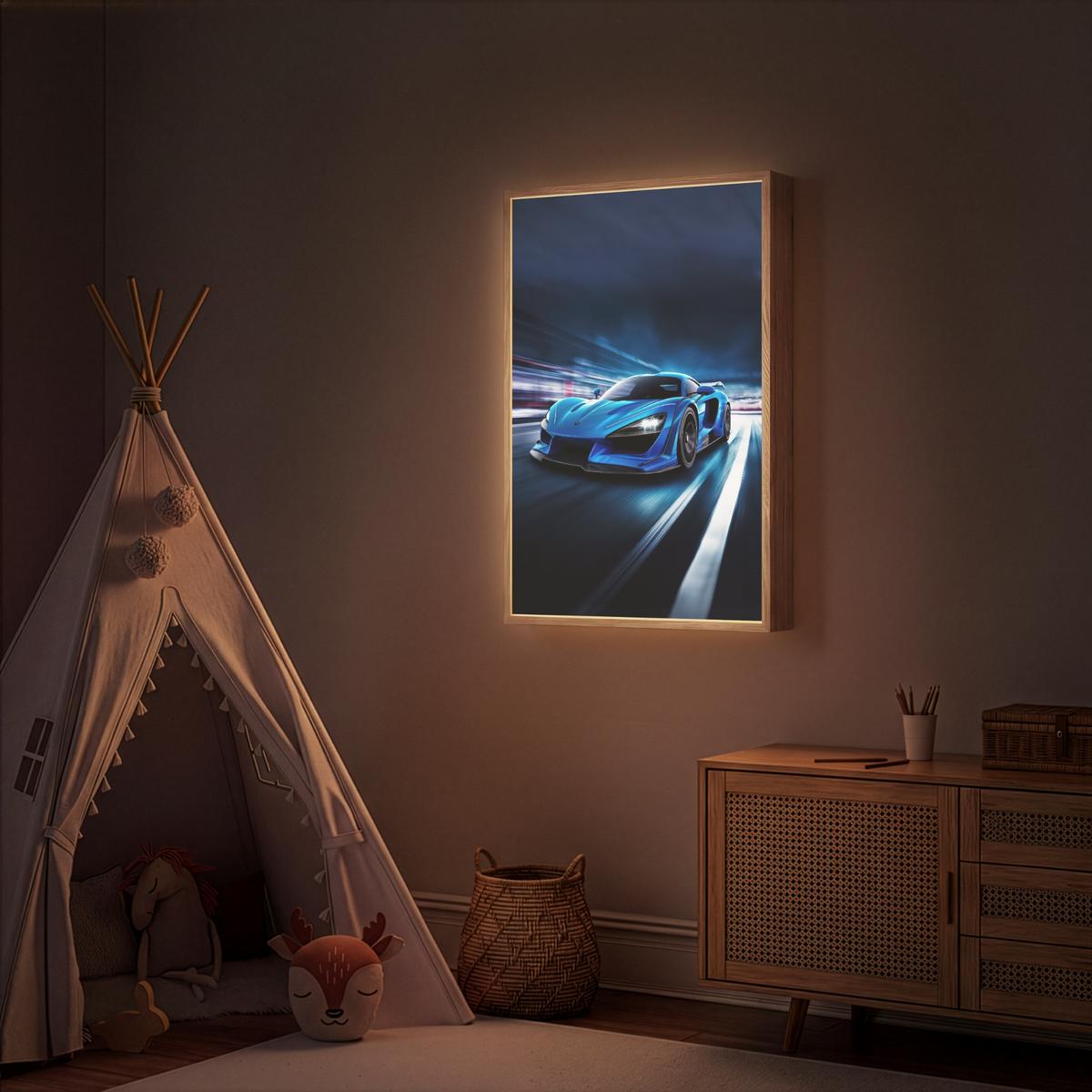 NACHTTISCHLAMPE MIT AKKU Auto - Blau - Jungen - Kind 70x100 cm - Blau, Holzwerkstoff (8/70/100cm) - OnlyWow