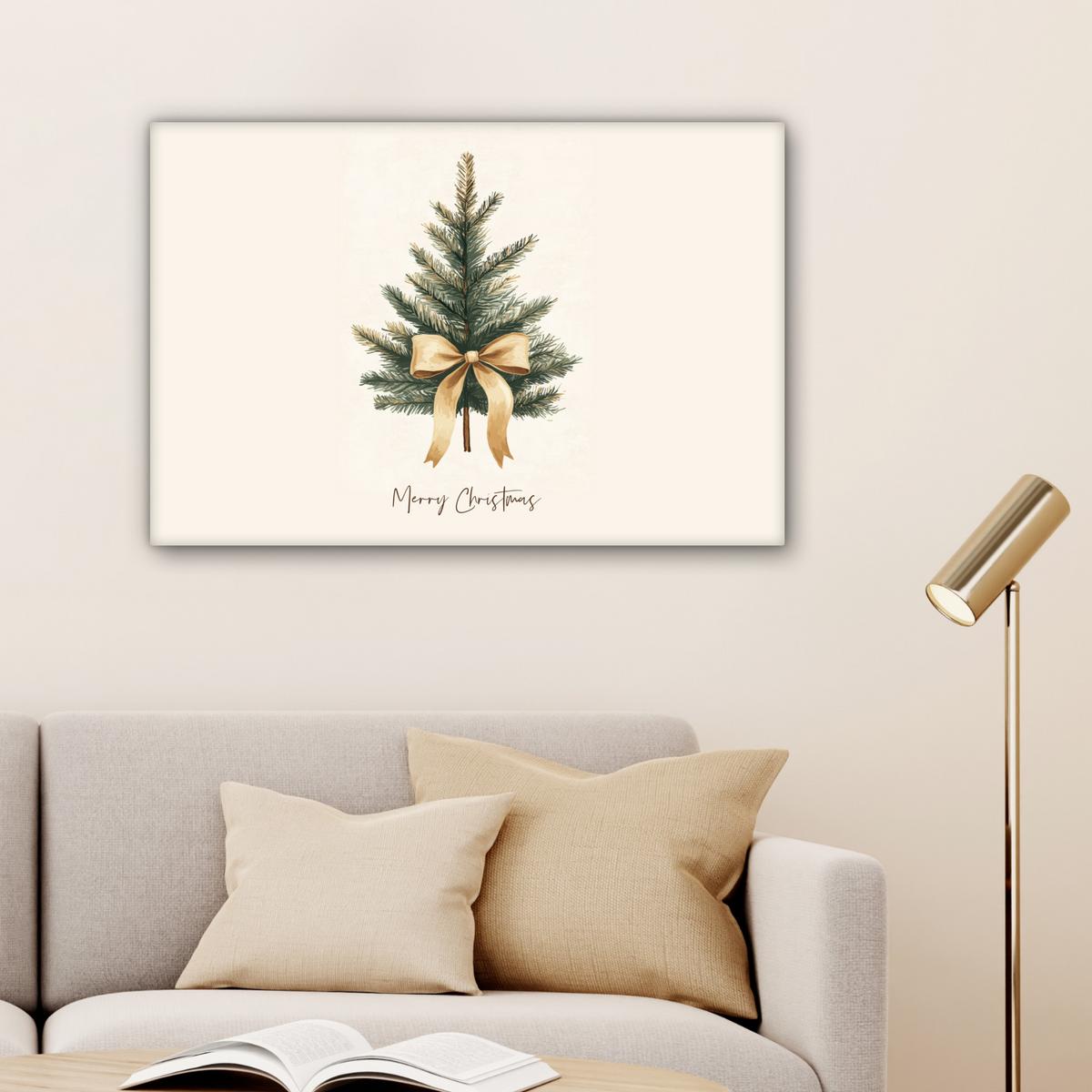 LEINWANDBILD Weihnachtsbaum - Weihnachten - Frohe Weihnachten - Beige Wanddeko 90x60 cm - Sandfarben, Textil (90/60cm) - MuchoWow