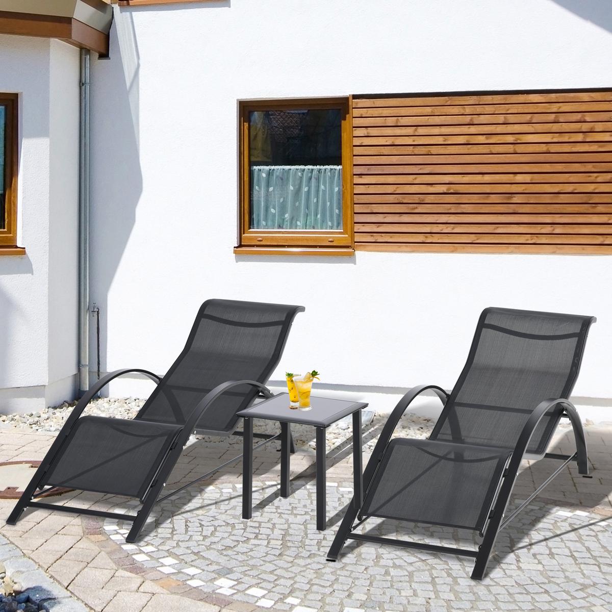 GARTENLIEGE mit Tisch, 59L x 169B x 66H cm, Metall, Mesh, Schwarz - Schwarz, Kunststoff (169/66/59cm) - Outsunny
