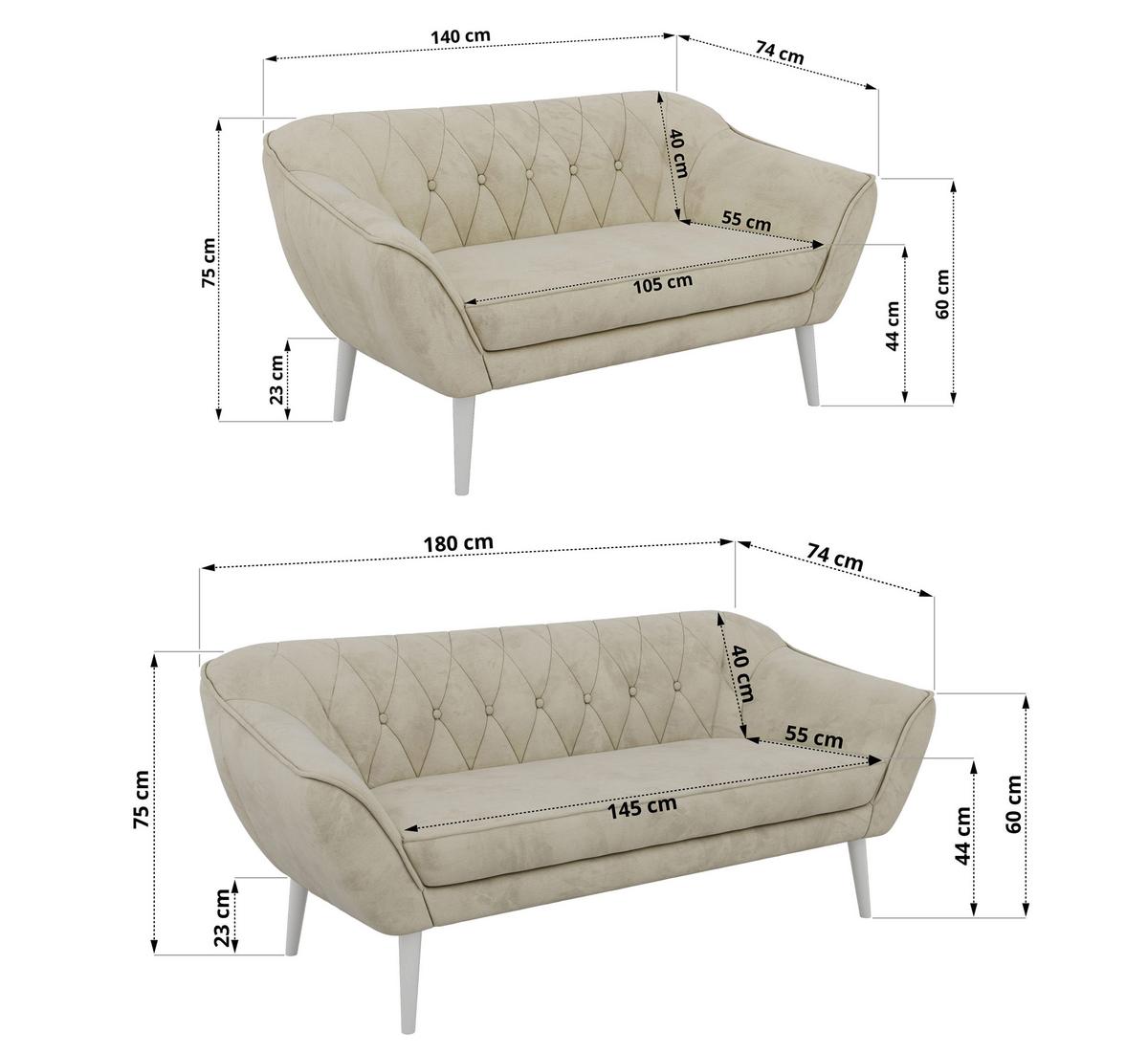 SITZGARNITUR PIRS 3+2 - Beige Velvet - Weiße Beine - Beige/Weiß, Holzwerkstoff/Textil (180/75/74cm) - MKS
