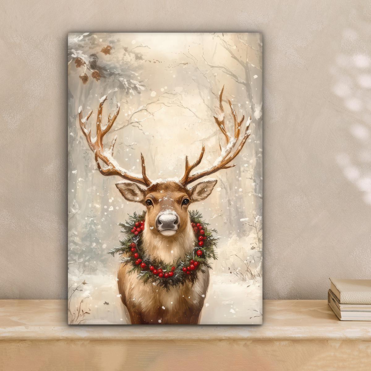 LEINWANDBILD Weihnachten - Rentier - Winter - Kranz Deko Wohnzimmer 20x30 cm - Naturfarben, Textil (20/30cm) - MuchoWow