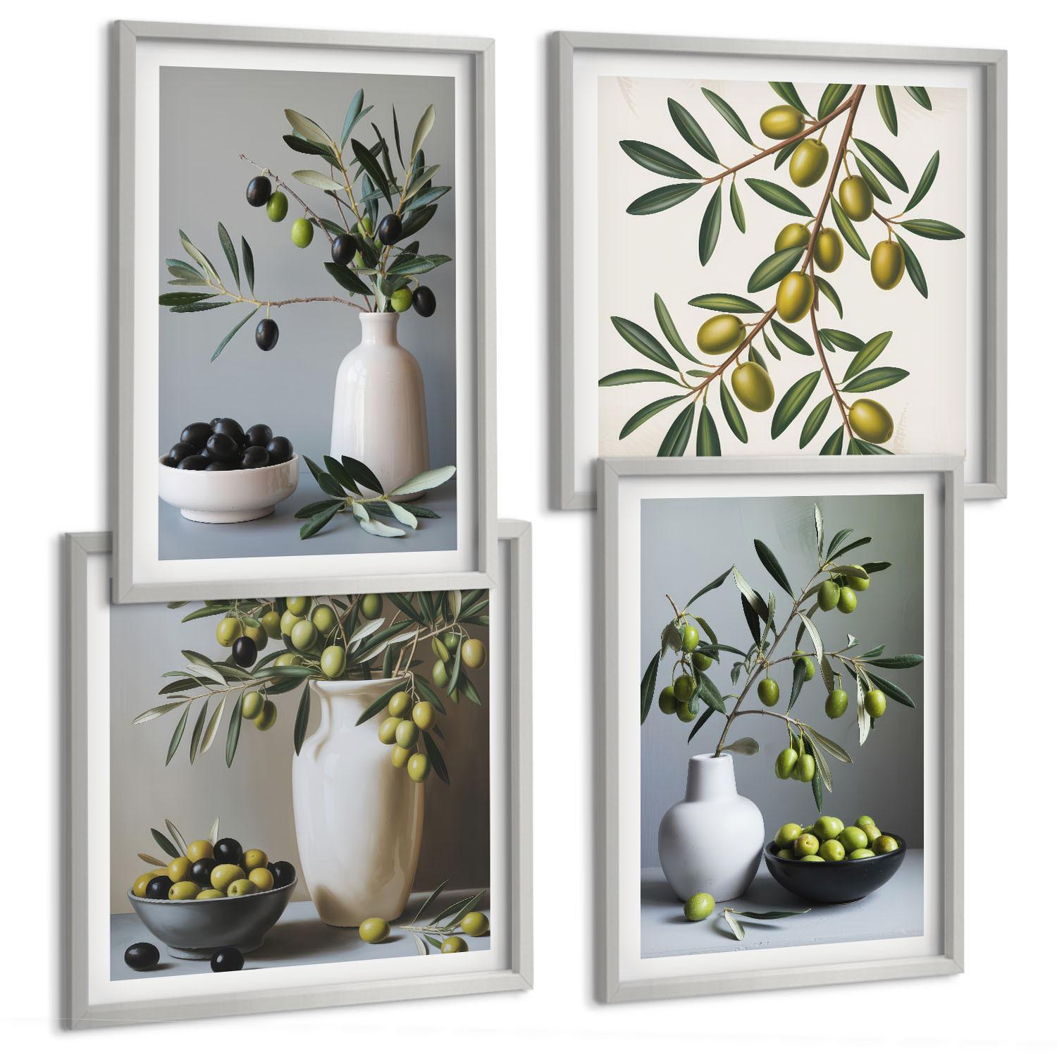 BILDER SET 4er Set - 50x50 cm & 40x60 cm Silberner Rahmen - Oliven in Vasen in gedeckten Farben - Silberfarben, Kunststoff (50/50cm) - TULUP