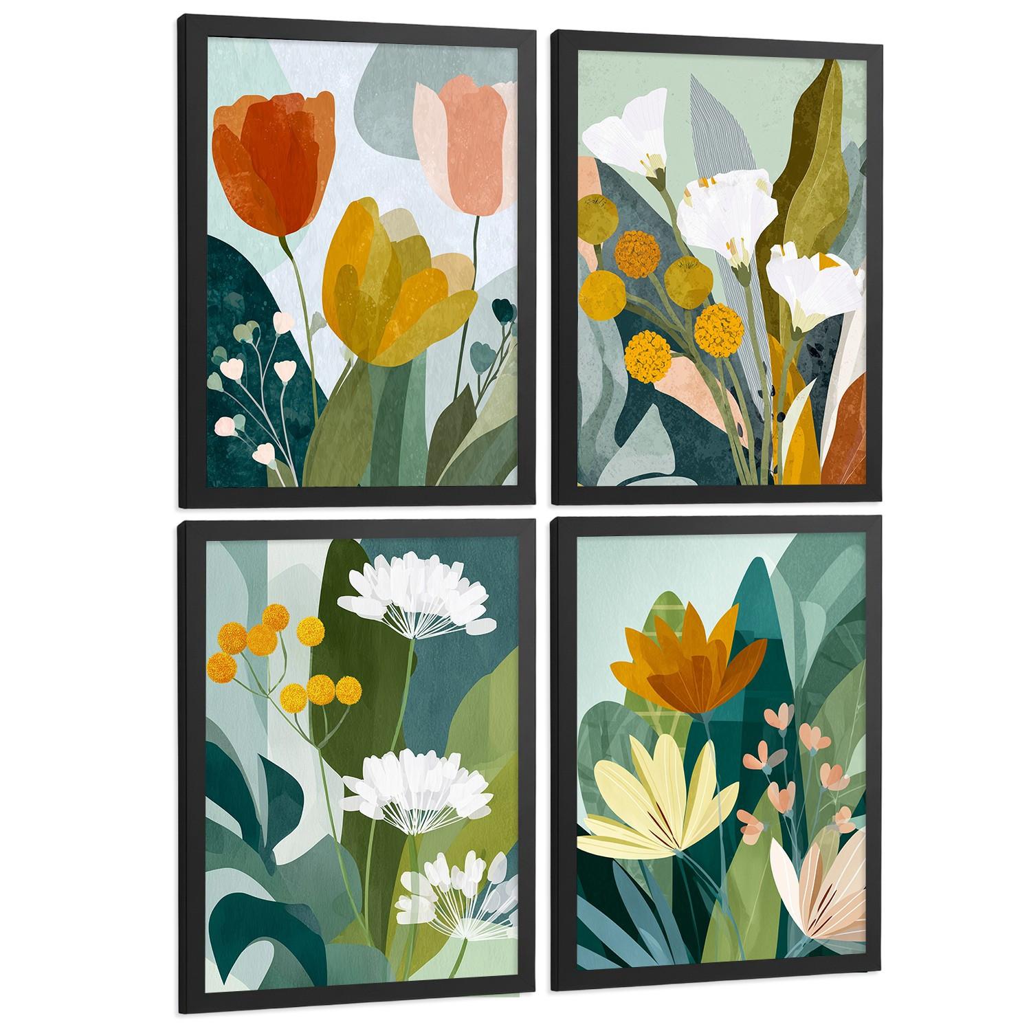 POSTER 4er-Set dekorative Badezimmerdrucke, moderne abstrakte florale Wandposter für Waschbecken, farbenfrohe nordische Dekoration Schwarzer Rahmen A4 - Schwarz, Papier (29.7/21/3cm) - Nacnic