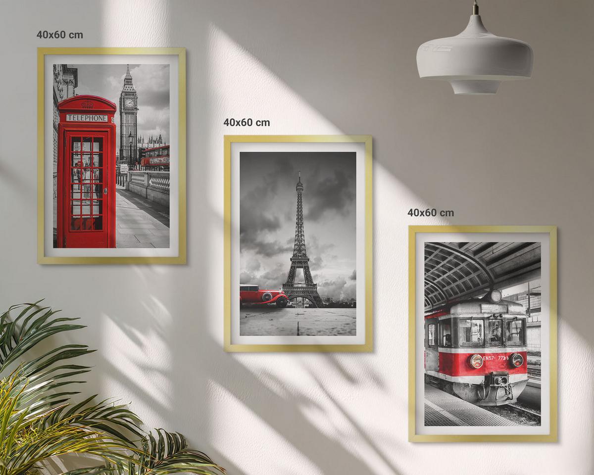 BILDER SET 3er Set - 40x60 cm Goldrahmen - Ikonen London Paris Verkehr - Goldfarben, Kunststoff (40/60cm) - TULUP
