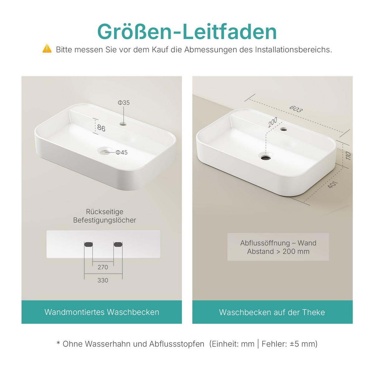 WASCHBECKEN Weiß 60 / 40 / 11 cm - Weiß, Keramik (60.3/11/40.1cm) - EMKE